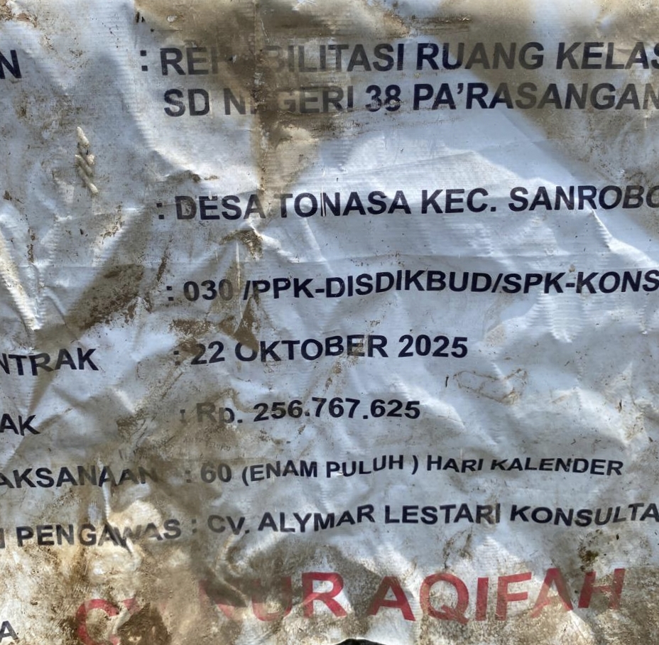 Proyek Rehabilitasi SDN 38 Pa’rasangan Beru Rp.256 Juta Disorot, Diduga Dikerjakan Asal Jadi